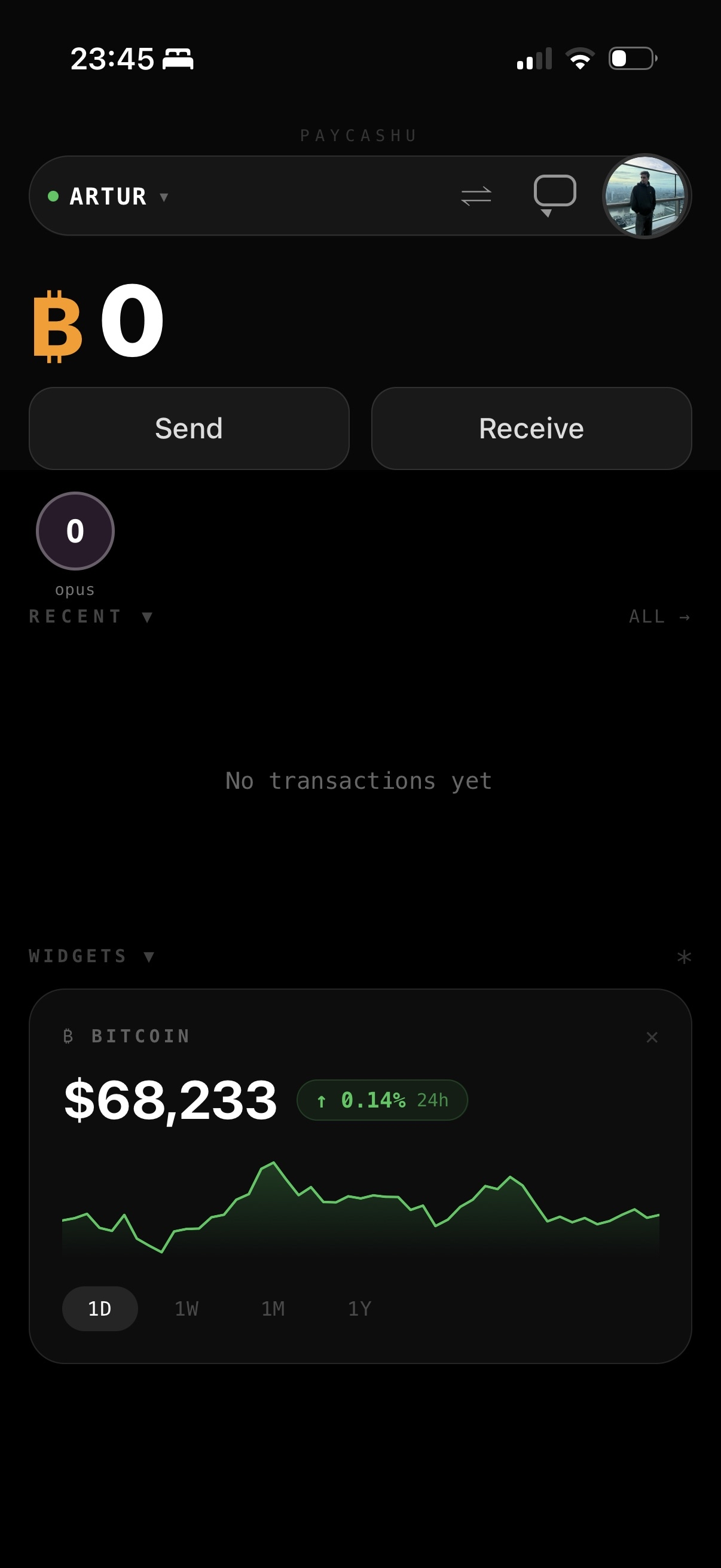 PayCashu app — dark theme showing wallet home screen with Send and Receive buttons, Bitcoin balance, and live price widget